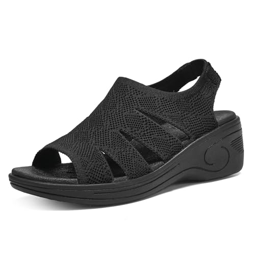 Image of Womens Wedge Sandals Platform Walking Sandals Open Toe Ankle Elastic Strap Casual Comfortable Summer Dressy
