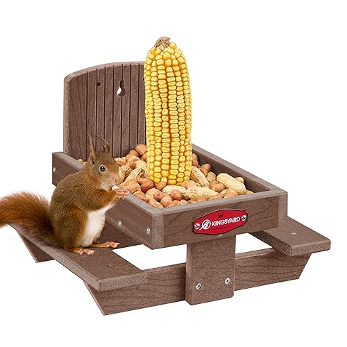 Kingsyard Squirrel Feeder Table for Outside, Recycled Plastic Squirrel & Chipmunk Picnic Table Feeder with Corn Cob Holder, 2 x Solid Structure Benches, Easy to Clean (Brown)