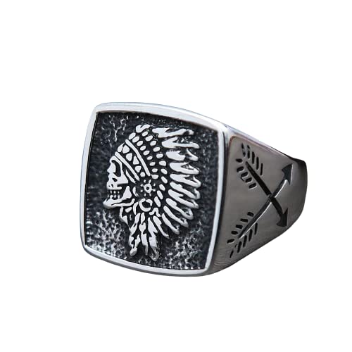 SAGEKING Vintage Indian Chief Skull Ring Men Punk Rock 316L Stainless Steel Arrow Stamp Rings Biker Fashion Jewelry Gifts for Boyfriend (11)
