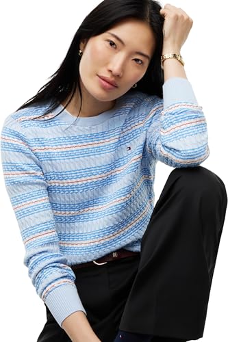 Tommy Hilfiger Damen Co Cable C-nk Ls Sweater Ww0ww44993 Pullover Sweater, Soho STP Sky Blue Ecru, XXS – Ansicht 3