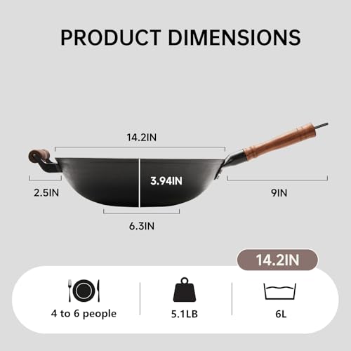 Wok de Hierro Fundido 14.2 in con Tapa y Mango de Madera miniatura 7
