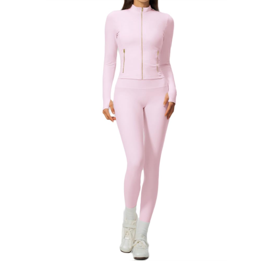 Giacca allenamento con fori per pollici e leggings a vita alta | 1.Giacca con zip e collo alto con fori per pollici contro il vento. I leggings a vita alta modellano addome