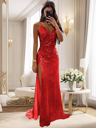 Sparkly Mermaid Prom Dresses for Women Spaghetti Straps V Neck Sequin Evening Gown Long Bridesmaid Dress2