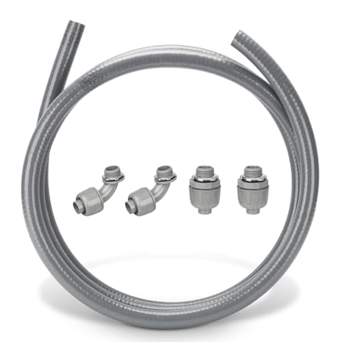 HOXHA 1/2 Inch 10 Ft Electrical Conduit Kit AC Whip Kit Flexible PVC Non Metallic Liquid Tight Conduit Electrical Wire Conduit Pipe with Straight and 90-Degree Conduit Connector Fittings