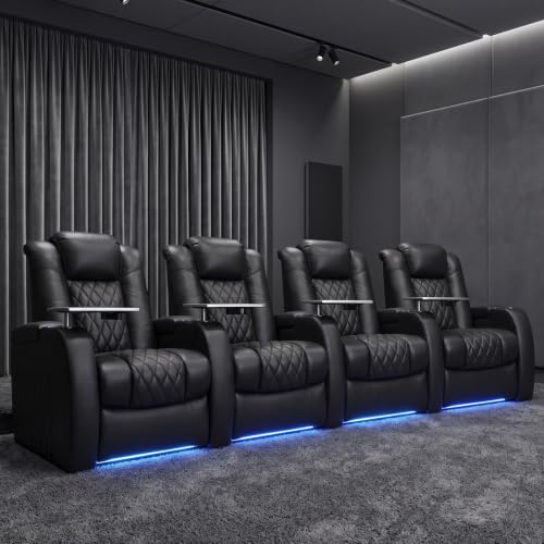 Image of Weilianda Home Theater Seating, Top Grain Leather Movie Theater Chair | Black Row of 4, Zero Gravity, Power Headrest, Tray Table, Electric Reclining Seat for Media Room
