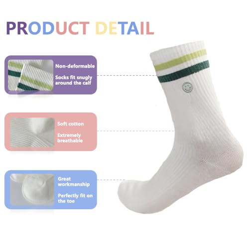 Image of Womens Solid Color Two Stripe Crew Socks Casual Athletic Smiling Face Ankle Socks for women Girls