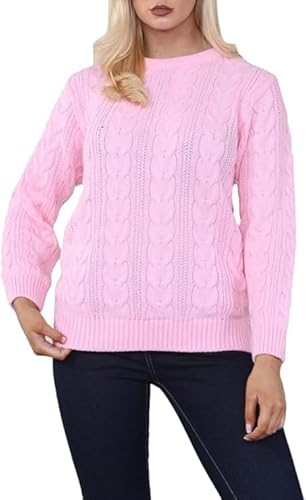 Womens Chain Link Pattern Knitted Jumper, Ladies Casual Winter Long Sleeve Crew Neck Diamond Thick Chunky Cable Thick Knit Sweater Pullover Jumper Tops Sweatshirt, UK Plus Size 8-22, Baby Pink-16-18