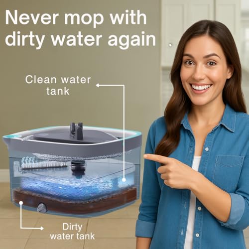 TRUE & TIDY Square Spin Mop & Bucket System – Dual Chamber for Clean & Dirty Water, 360° Rotating Self-Wringing Mop with Built-in Scrub Brush, Stainless Steel Handle & 2 Reusable Microfiber Mop Pads - Image 4