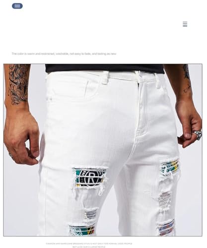 Men Patchwork Ripped Slim Fit Jeans Cotton White Stretch Straight Skinny Denim Trousers2