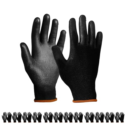 CASAWAY 12-Pairs Firm Work Gloves Men, Safety Work Gloves Large PU and Nylon Non-Slip Safety Gloves for Work, Perfect for Warehouse Handling, Construction Site, DIY, and Working Gloves for Men