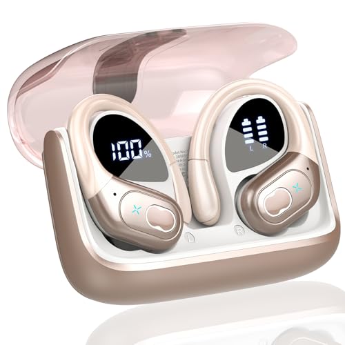Aptkdoe Bluetooth Kopfhörer Sport, Kopfhörer Kabellos Bluetooth 5.3 mit ENC Mikrofon, 75 Stunden HiFi Stereo Bluetooth Kopfhörer In Ear, IPX7 wasserdichte Ohrhörer mit Ohrhaken, Roségold