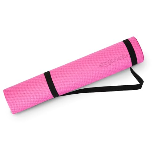 Image of Amazon Basics PVC Yoga & Exercise Mat with Carrying Strap | 6 mm Thick | Non-Slip Textured Surface | Lightweight & Durable | Floor Protection | Ideal for Yoga, Pilates & Workouts | Pink