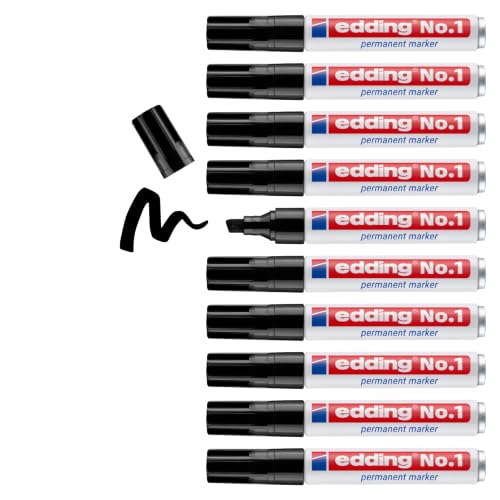 Edding No. 1 Marcatore Permanente, Nero, 10Pz, Punta a Scalpello 1-5 Mm, Anti Sbavatura, Asciugatura Rapida, Marcatore, per Cartone, Plastica, Legno, Metallo, Vetro
