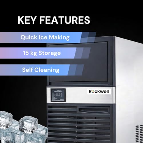 Image of ROCKWELL RICM36 Ice Cube Maker | 36 Kg /Day Ice Production | 15 Kg Storage | Stainless Steel Body | Commercial Ice Machine for Home, Cafe & Bar