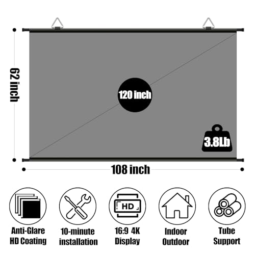 120 inch Projector Screen, XIAOHUI Portable Movie Projector Screen for Outdoor Indoor with 3 pcs Adhesive Hook, 4K Hanging ALR Projection Screen for Room Wall, No Drilling, Anti-Glare Coating, 16:9 HD by XIAOHUI - Used condition - Image 8