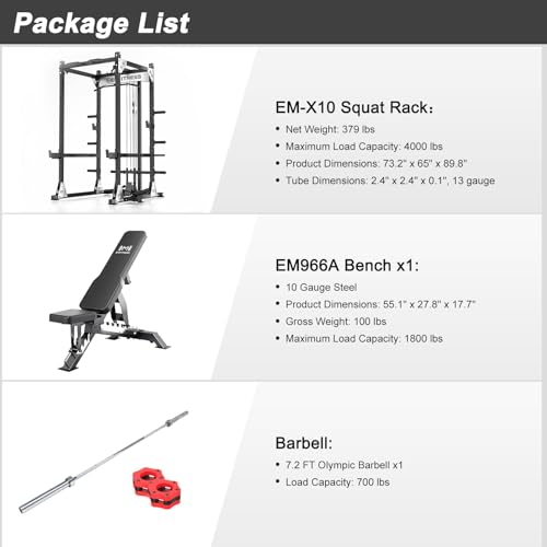 Image of X10 Power Cage with Adjustable Bench /Olympic Barbell /Cable Crossover /Smith Machine System, 4000LB Squat Rack for Home & Garage Gym, with Weight Storage Rack and Training Attachments
