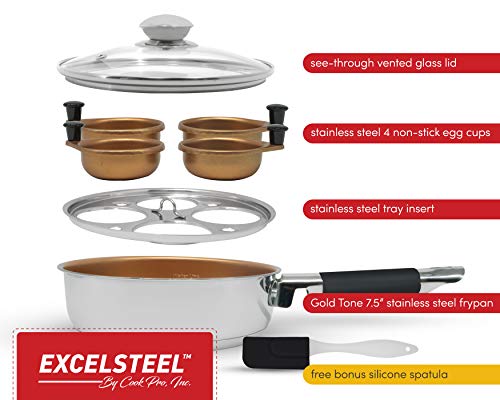 Excelsteel Non Stick Easy Use Rust Resistant Home Kitchen Breakfast Brunch Induction Cooktop Egg Poacher, 4 Cup, Gold Tone #TOP5