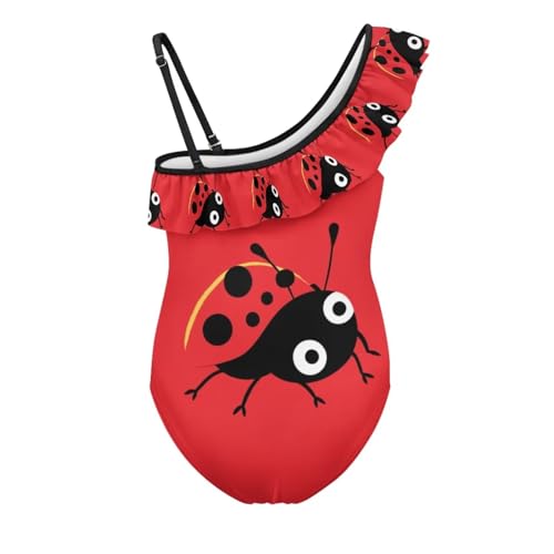 Image of Ladybug Swimsuits for Girls 5-14 One Piece Bathing Suit Kids One Ruffle Shoulder Beach Sport Swimwear