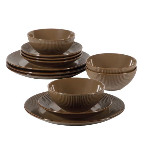 Image of Gibson Home Plates and Bowls Set, 12 Piece Dinnerware Set for 4, Brown