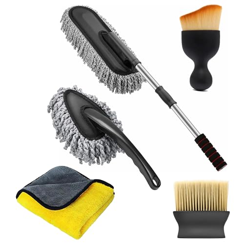 Image of OTO2EYE 5 PCs Microfiber Car Duster with Long Handle Car Cleaning Brush Exteriror and Interiror Car Cleaning Cloth Car Ac Vent Cleaner Brush for Car, Motorbike, SUVs Car Cleaning Kit (Combo 5)