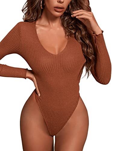 Milumia Women s Long Sleeve V Neck Bodysuit Slim Fit Ribbed Knit Shapewear Tee Brown Small