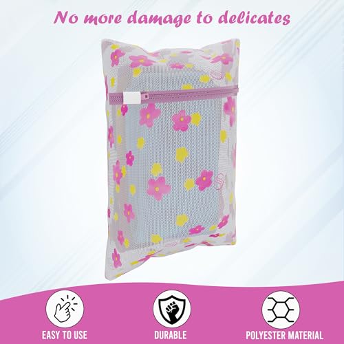 Image of Kuber Industries Pack of 5 Polyester Mesh Laundry Bag with Zip | Reusable Washing Bags for Washing Machine | Ideal for Lingerie, Delicate Fabrics & Shoe Protection | YZ-1-4 | Sunflower Design - Pink