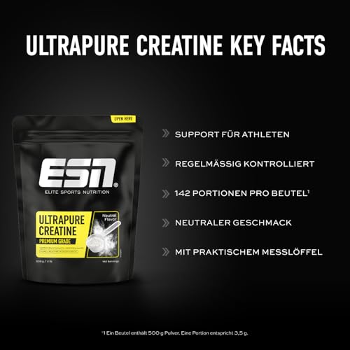 ESN Ultrapure Creatine Monohydrate, 500 g, 142 Portionen, mikrofein und perfekt löslich - made in Germany (Verpackung kann variieren)