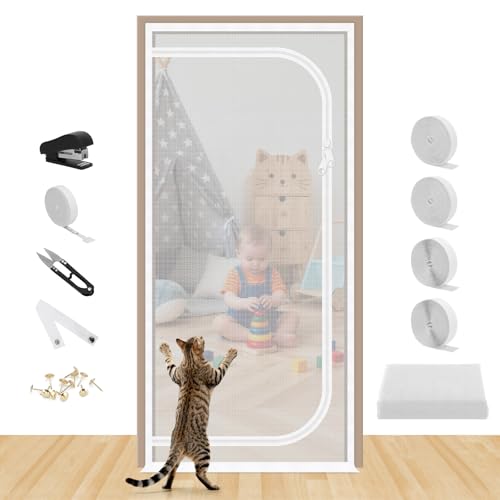 Adjustable Size Reinforced Cat Screen Door Fits Door Opening Size Widths from 33.4-40.9Inch Heights from 78-87.4Inch Customizable DIY Sized Heavy Duty Pets Proof Screen Door with Bilateral Zipper