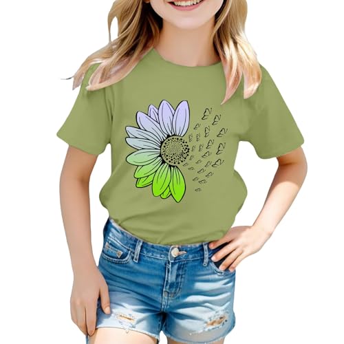 Girls Loose Fit Sunflower Graphic T Shirts Short Sleeve Crewneck Cute Pattern Printed Tops (D-Mint Green, 4-5 Years)3