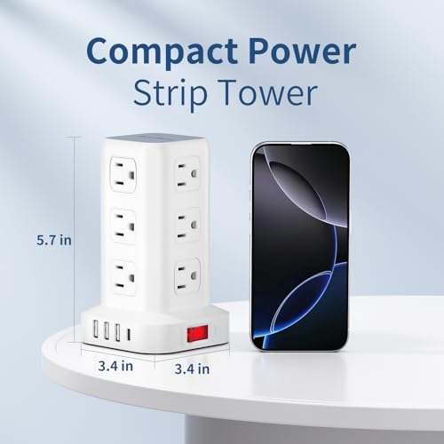 Regleta eléctrica AnnTane con cable de 10 pies, torre con 4 puertos USB (1 USB C), 12 salidas AC miniatura 5