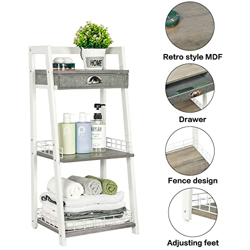 Keomaisyto 3-Tier Bathroom Ladder Shelf, Floor Storage Shelf With Drawer, Freestanding Open Tower Shelving Unit For Bathroom Living Room Balcony（White） #TOP3