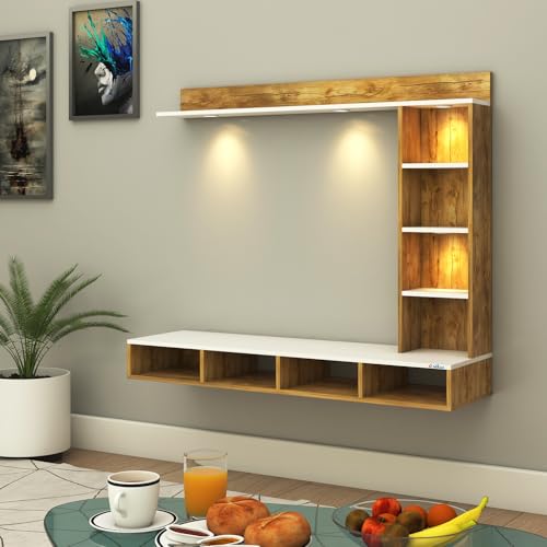 Image of Anikaa Briza Engineered Wood Wall Mounted TV Unit with 4 LED Lights, 9 Open Display Boxes & Shelf Design for Living Room | Ideal for Upto 43 Inch TV- Gaintwood /White(DIY Installation)