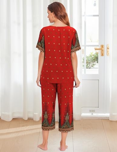 Image of Ekouaer Women's Two Piece Lounge Set Short Sleeve Shirt and Capri Pants Mumu Pajama with Pockets Loungewear Pjs Sets S-2XL