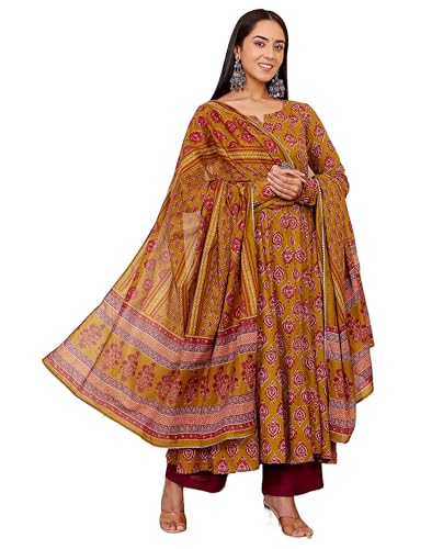 Nermosa Women Printed Anarkali Kurta and Pant Set with Dupatta