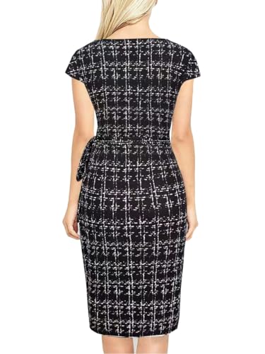 Image of Women's Vintage Cap Sleeves Asymmetrical Neckline Sheath Bodycon Casual Work Cocktail Party Pencil Faux Wrap Dresses