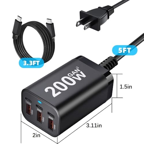 Image of 200W USB C Charger Block, 6 Port PD 100W 65W GaN Charger Station | Multi port USB C Charging Station for MacBook Pro /Air, iPad, iPhone, HP /DELL Laptop, Samsung Galaxy, Steam Deck, Pixelbook