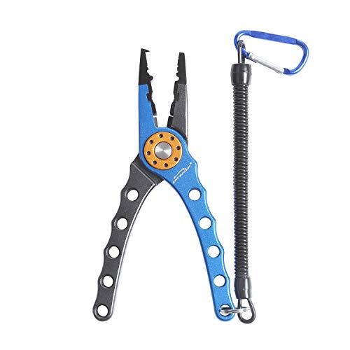 Entsport Saltwater Fishing Pliers with Aluminum Handles and Stainless Steel Jaws Multi Function Fishing Pliers with Sheath Lanyard Braided Fishing Line Cutters Fish Hook Removal Tool (Blue&Silver)