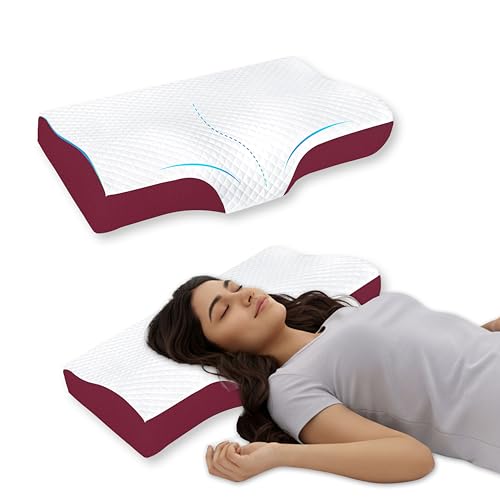 Image of Rebound Memory Foam Pillow for Neck Support, 48x30x9 cm Ergonomic Cervical Contour, Breathable Skin Friendly Fabric, Orthopedic Bedding for Stiff Shoulders and Snoring Comfort Aid,Maroon