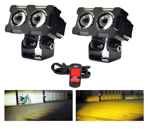Image of 2 LED Lens Fog Flashing Light for Bike and Motorcycle ? White /Amber Auxiliary Spot Lights Projector for Motorbikes, Cars, Scooty, Electric Vehicles (45W, Set of 2 with Switch)