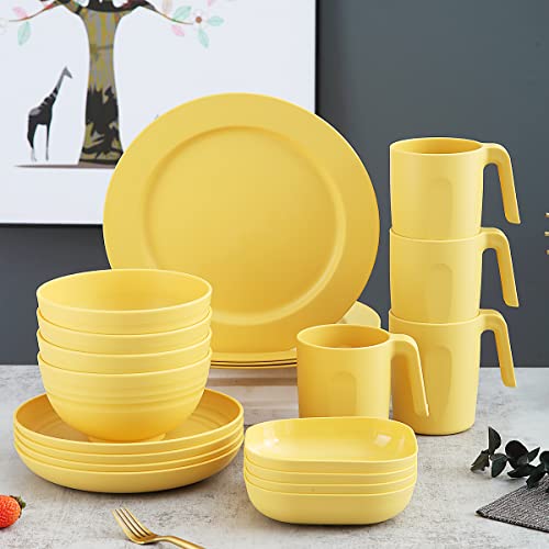Kyraton Plastic Dinnerware Sets Of 20 Pieces, Unbreakable And Reusable Light Weight Plates Mugs Bowls Dishes Easy To Carry And Clean Microwave Safe Bpa Free Dishwasher Safe Service For 4 (Gold Yellow) #TOP28