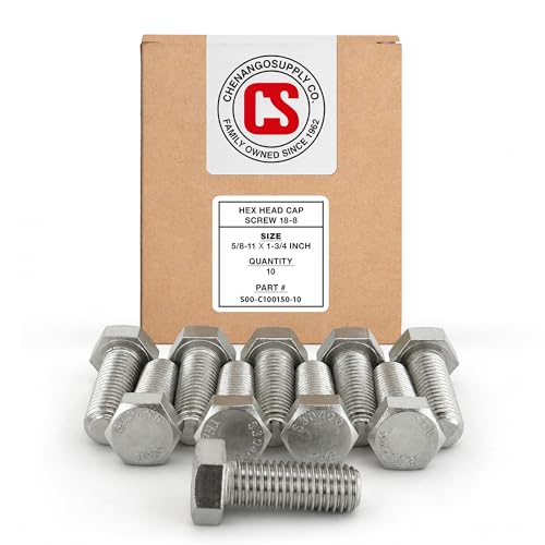 Image of Chenango Supply 5 /8-11 x 1-3 /4 inch Stainless Steel Hex Head Bolts | 304 Stainless, USS Coarse Thread, 100,000-125,000 PSI Tensile Strength, Corrosion-Resistant Hardware Bolts (10 Pieces)