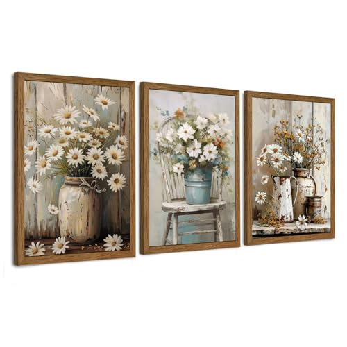 DUWQU 3 Piece Framed Elegant Farmhouse Canvas Wall Art, Vintage Floral Pictures Art Wall Decor, Nature Themed Daisy Art Prints for Living Room Bedroom Kitchen and Office Ready to Hang 12×16 Inches