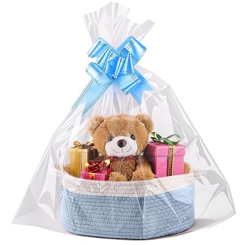 VIDSTW Präsentkorb Leer Incluye Bolsa Embalaje y Cinta Cesta para Regalo Hecho de Algodón Cesta de Regalo Vacía Con Asas Cajitas Organizadoras para Pascua Baby Showers Navidad（Azul Blanco）
