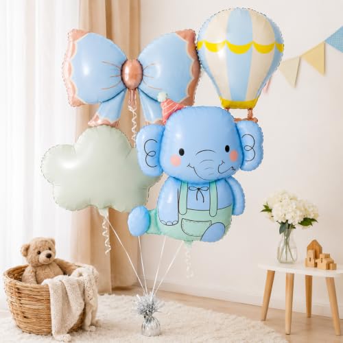 Image of Rozi Decoration Elephant Foil Balloons 4 Pcs Set for Birthday Decoration, Blue Elephant, Bow, Hot Air Balloon and Cloud Foil Balloons for Kids Party