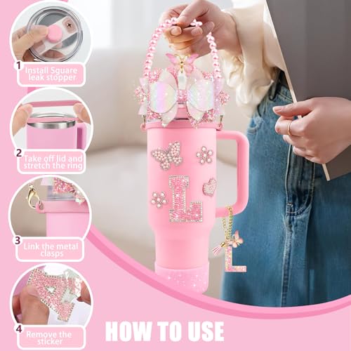 Hpebl 17Pcs Pearls Light Pink for Stanley Cup Accessories Set 30/40 OZ Bow Flower Initials Charms of Stanley Decorations Tumbler Accessories Including Butterfly Straw Toppers, Tumbler Boot（Letter L） — view 3
