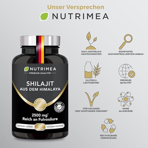 Shilajit Kapseln – Original Himalaya Hochdosiert, 2500mg – Reiner Extrakt – Premium Rohstoff - 50% Fulvosäure - 5:1 Extrakt - Qualitätskontrolle - Nutrimea - Premium Qualität