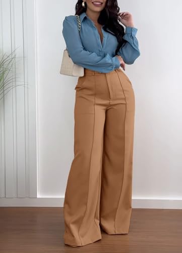 Wide Leg Trousers Women Casual High Waist Straight Solid Color Work Office Business Long Pants with Pockets3