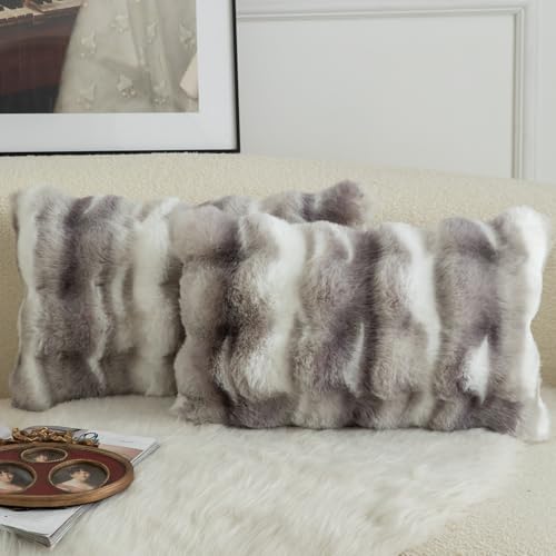 Image of MANDIOO Pack of 2 Thick Plush Wool Decorative Throw Pillow Covers Super Soft Wave Bubble Fur Velvet Cushion Covers Pillow Shams for Couch Bed Living Room 16x24 Inch White Gray