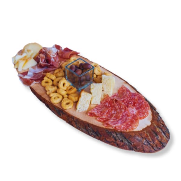 Tabla de cortar ovalada con borde corteza, bandeja de aperitivos tronco de madera auténtica, XL, tamaño 60 x 23 x 3 cm (6)