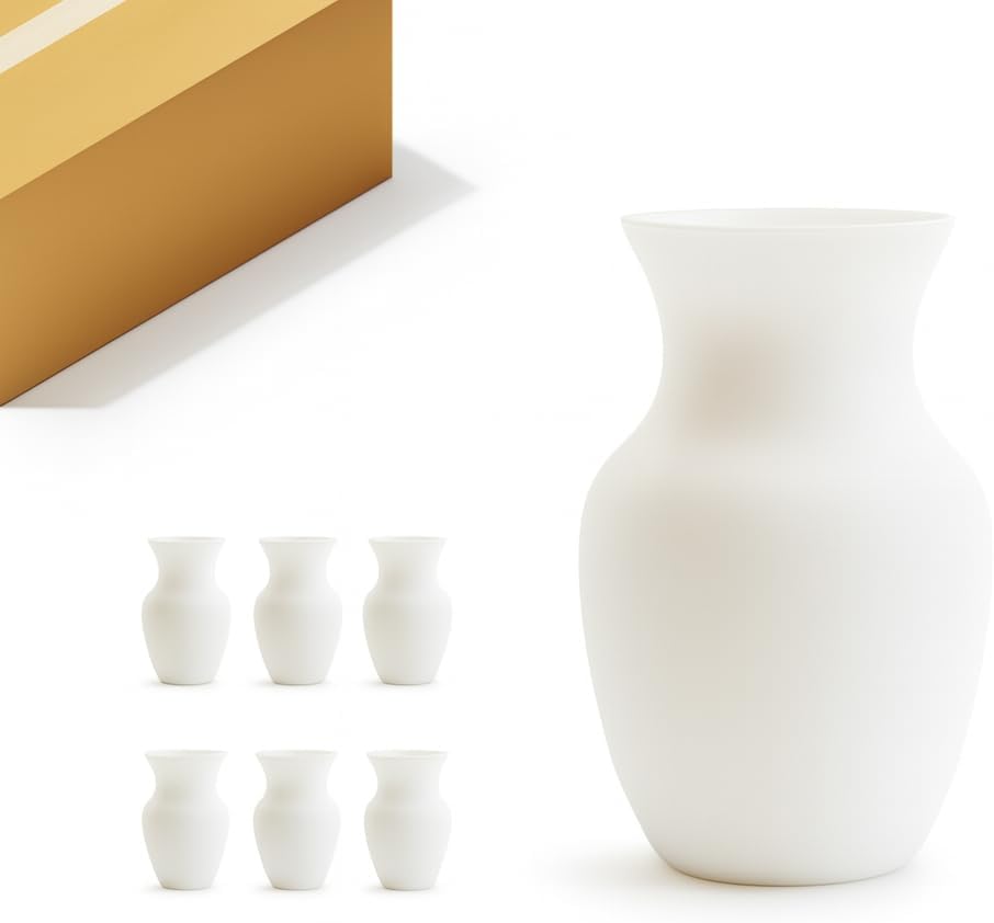 Sanded White 8" inch Traditional Stubby Urn Ginger Jar Glass Vases for Flower vase Bouquets or Floral Arrangement Home décor Wedding Gift Event Table top, 6 pcs